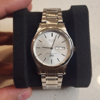 Vintage Casio Beside BEM-100 Quartz Kanji Day Date Silver Dial Men Watch JDM