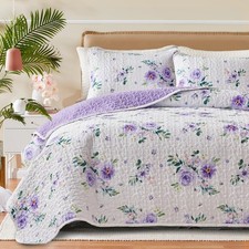 Floral Quilt Set 3 Pieces King Size White Purple Flower with Green Leaves Sof...