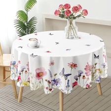 Spring Floral Round Tablecloth 70 Inch Butterfly Wildflowers Table Cloth Stai...