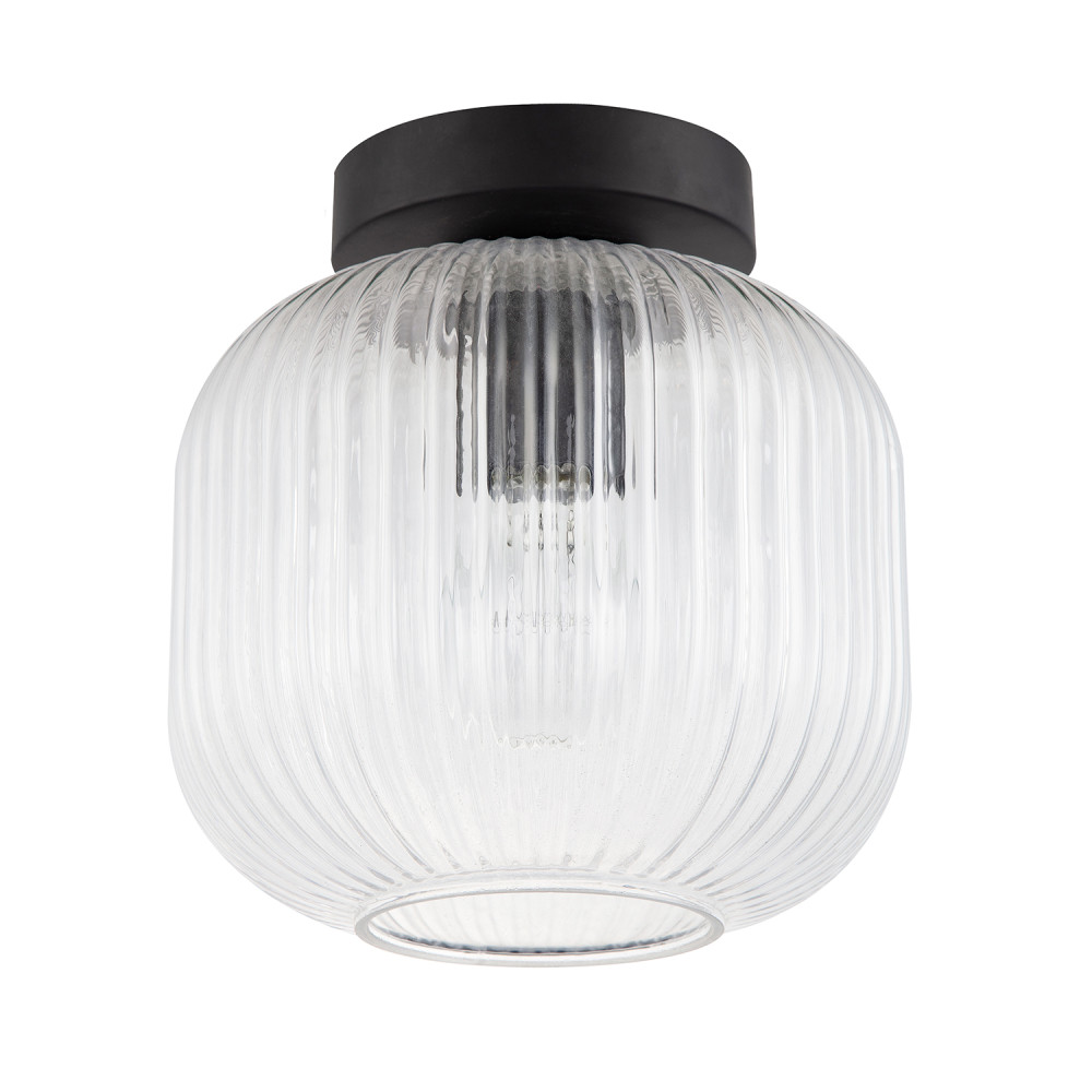 Contemporary Matte Black Ceiling Light with Clear Ribbed Glass Shade by Happy...