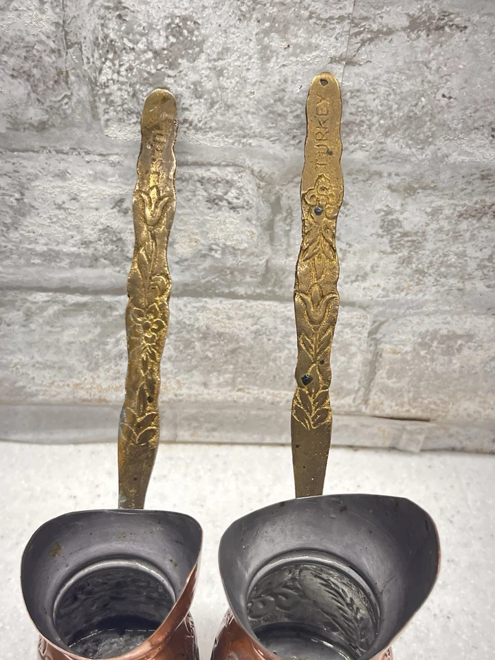 Juego de cafetera turca vintage de cobre y latón griego árabe grabado Copperbull Foto 2 de 4