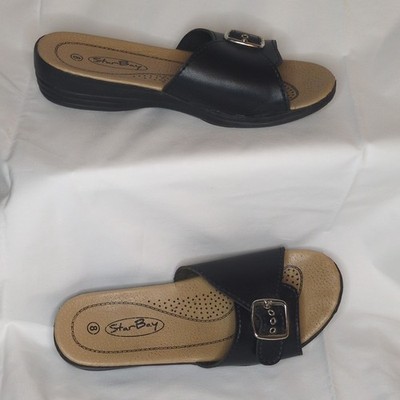 Star Bay Women's Black Slide Sandals Buckle Accent Casual Solid US 8