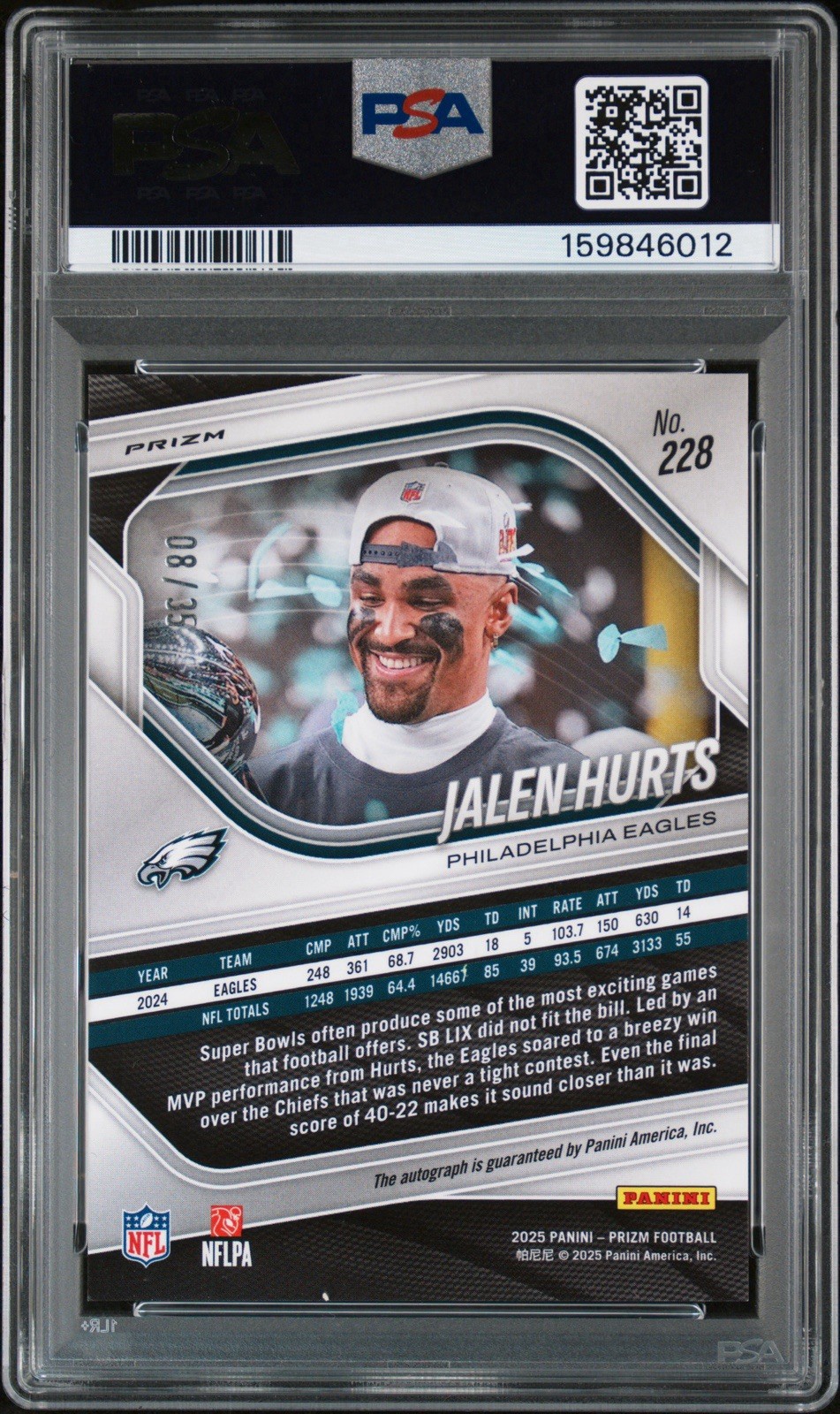 Jalen Hurts /35 Auto Red Shimmer PSA 10 GEM MINT 2025 Prizm #228 Super Bowl view 2