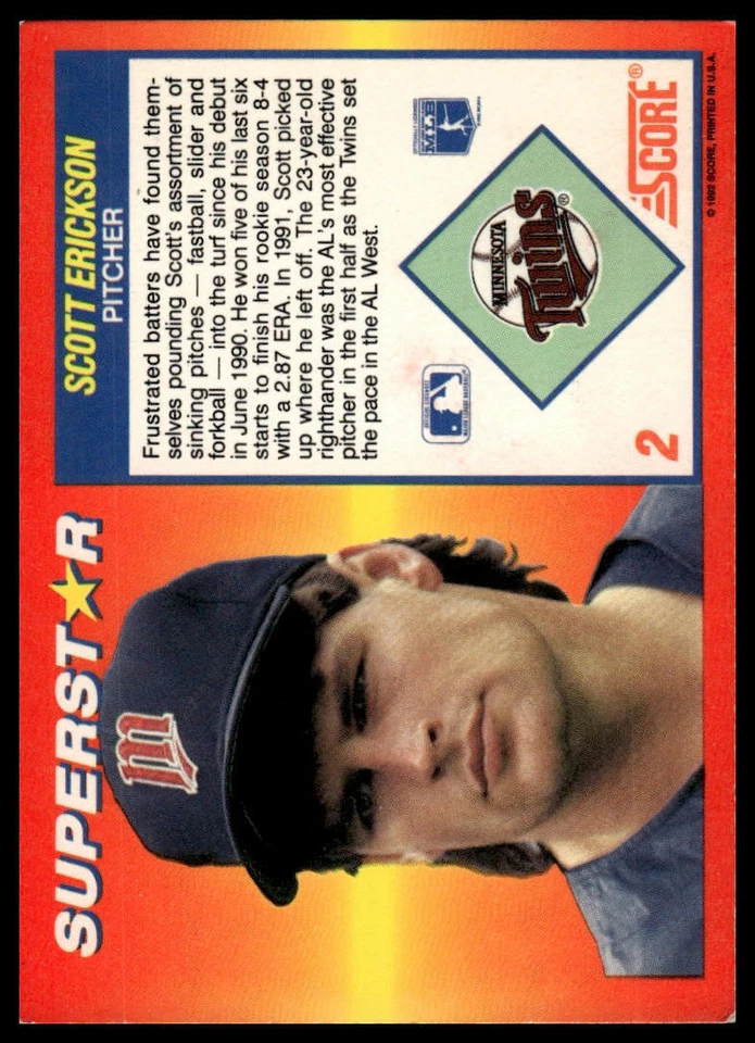 1992 Score 100 Superstars #2 Scott Erickson - Image 2 of 2