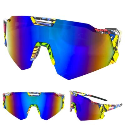 Übergröße Retro Sportlich Wrap Shield Fahrrad Sonnenbrille Groß Riesige Graffiti