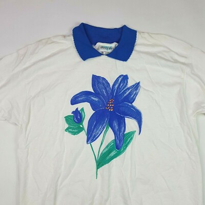 Vintage Blue Orchid Women's XL Retro Collared Short Sleeve Flower T Shirt Top 