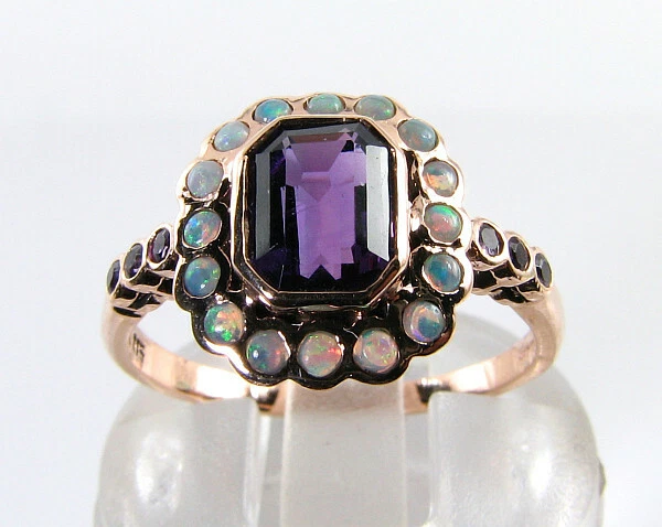 Anillo Art Deco 9CT Oro Rosa con Amatista Natural y Ópalo Cluster