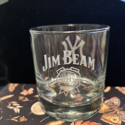 Jim Beam NY Yankees Logo Etched Low Ball Glass 2-Sided  Whiskey Rocks 10oz NWOT
