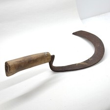 ANTIQUE HAND FORGED SICKLE SCYTHE TOOL FARMING HARVEST RUSTIC WOOD HANDLE