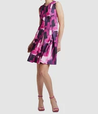 Natori Women's Pink Brushstroke Pleated Round Neck Sleeveless Dress Size 2