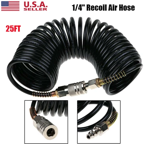 25ft Recoil Air Hose Pneumatic Air Compressor Fittings 1/4" NPT Quick Connector