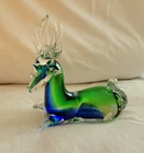 Large Vintage Murano Art Glass Sitting Deer Sculpture Statue - Blue Green Clear