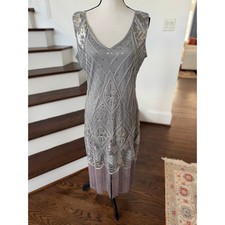 Unique Vintage Gray Silver Midi Fringe Sequin Flapper Costume Dress Halloween