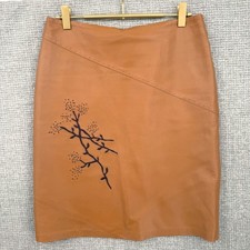 BCBGMAXAZRIA Tan Leather Floral Pencil Skirt Beaded Floral Embellishment Size 4