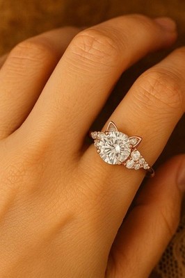 Cat Ears Moissanite Ring Round Cut Cluster Unique Ring Anniversary Gifts For Her