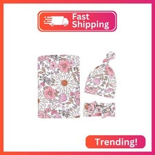 Newborn Swaddle Set with Matching Headband Hat and Bow Set Floral Baby Girl Rece
