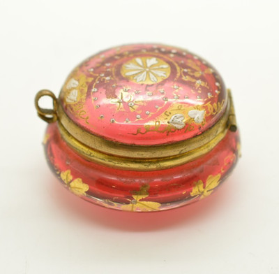 Antique Cranberry Glass Patch Box w/ Moser Style Enamel Painting Trinket Casket