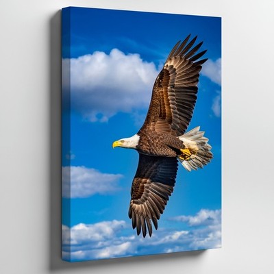 Wall Art Majestic Bald Eagle Soars Gracefully Against A Vibrant Blue Sky, Its