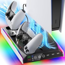 PS5 Slim Pro Stand Adjustable Cooling Fan Station Dual Controller Charger RGB