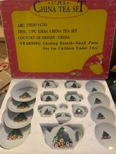 Vintage Child  s 17 Piece Porcelain Christmas Tea Set with Bear All New In Box 