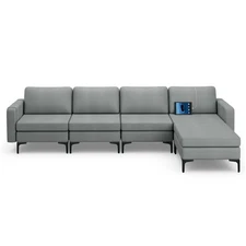 Modular L-shaped Sectional Sofa w/4 Seats&Removable Ottoman &UBS Ports Dark Grey
