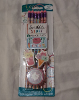 Scribble Stuff Cat Cafe Pencil Pack Set 5 Pencils 2 Erasers 1 Sharpener 80325