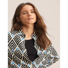 Mango Women's Geometric Print Button Up Collared Long Sleeves Oversize Top 14