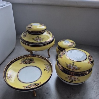 Atemberaubende Vintage Noritake 1920er Jahre Gelb & Gold Vergoldet 4 Stück Schminktisch Set