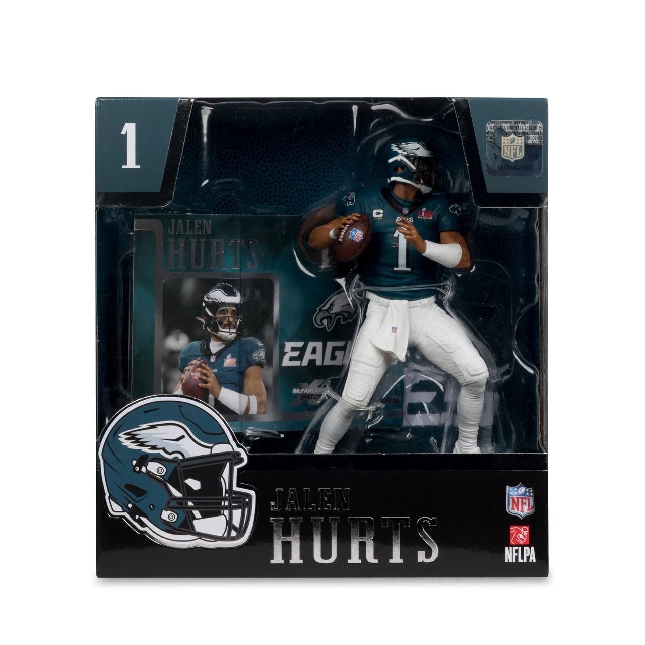 Jalen Hurts Eagles McFarlane SportsPicks Super Bowl Patch Jersey Figure + Stand