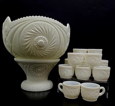 L.E. Smith Milk Glass Aztec Large Bowl w/ Pedestal & 12 Cups Punch Set