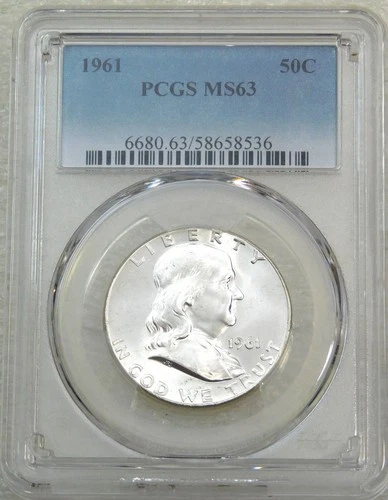 1961 P Franklin Half Dollar PCGS MS63 95% Bell Lines Frosty White PQ #B219C