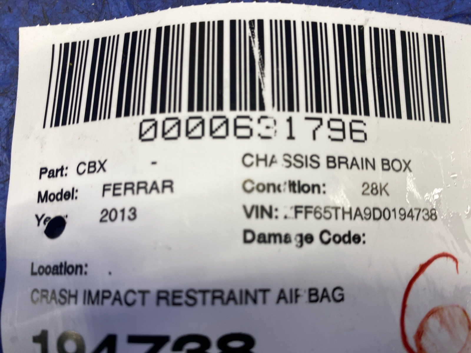 2013 FERRARI CALIFORNIA CRASH IMPACT RESTRAINT AIR SRS BAG CONTROL MODULE 279750
