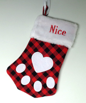 Paw Christmas Stocking 12 in NAUGHTY/NICE Stocking Dog/Cat Red Check & Plush