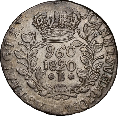 Brazil: João VI 960 Reis 1820-B NGC AU-58, Bahia mint! Overstruck on other coin.