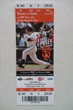 SAN FRANCISCO GIANTS VS MILWAUKEE BREWERS 8/31/2014 FULL TICKET ~ BUSTER POSEY