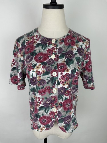 Vintage Floral Shirt Womens Small Cropped Tee Button Front Jewel Tone Print 90s