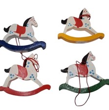 4 Hand Painted Wooden Rocking Horse Christmas Tree Holiday Ornaments 2 1/4"