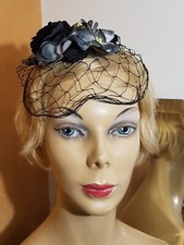 ON SALE Vintage womens black velvet fascinator Hat Rose grey flowers