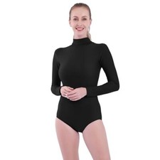 Women Black Long Sleeve Ballet Dance Turtleneck Gymnastics Bodysuits Skin
