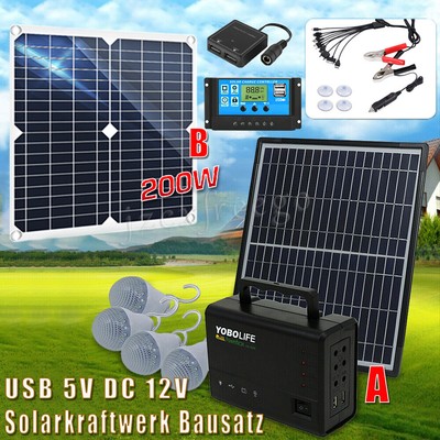 Tragbare Generator Power Station Kit + 4 LED Glühbirnen / 200W Solarpanel Kit DE