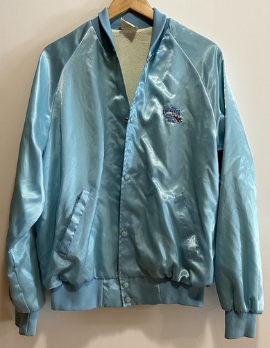 Comstock Hotel Casino Reno Light Blue Satin Bomber Jacket Mens L West Ark Vtg