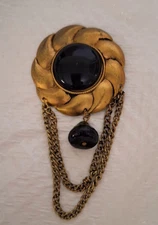 A Vintage Brooch Pin Large Gold Tone Dangle Chain Swirl Cabochon Grandma Core