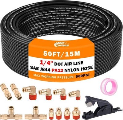 CheeMuii 12 Pcs 1/4 Brass DOT Air Fittings With 50 FT 1/4'' DOT Air Line Kit 1...