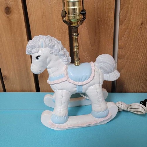 Vintage White Rocking Horse Lamp Nursery Decor Pastel Accents 18" Tall