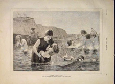 Old Antique Print First Dip Bathe River Christie Child Children Art 1877 19th