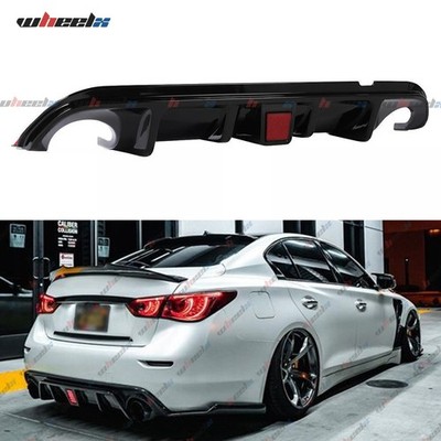 GLOSSY BLACK REAR BUMPER DIFFUSER W/ LED BRAKE LIGHT FOR 2014-2017 INFINITI Q50