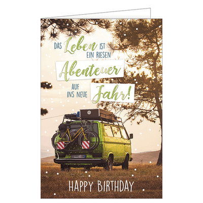 Geburtstag  Karte mit Briefumschlag Campingbus unter Baum ''Das Leben ist ein Rie