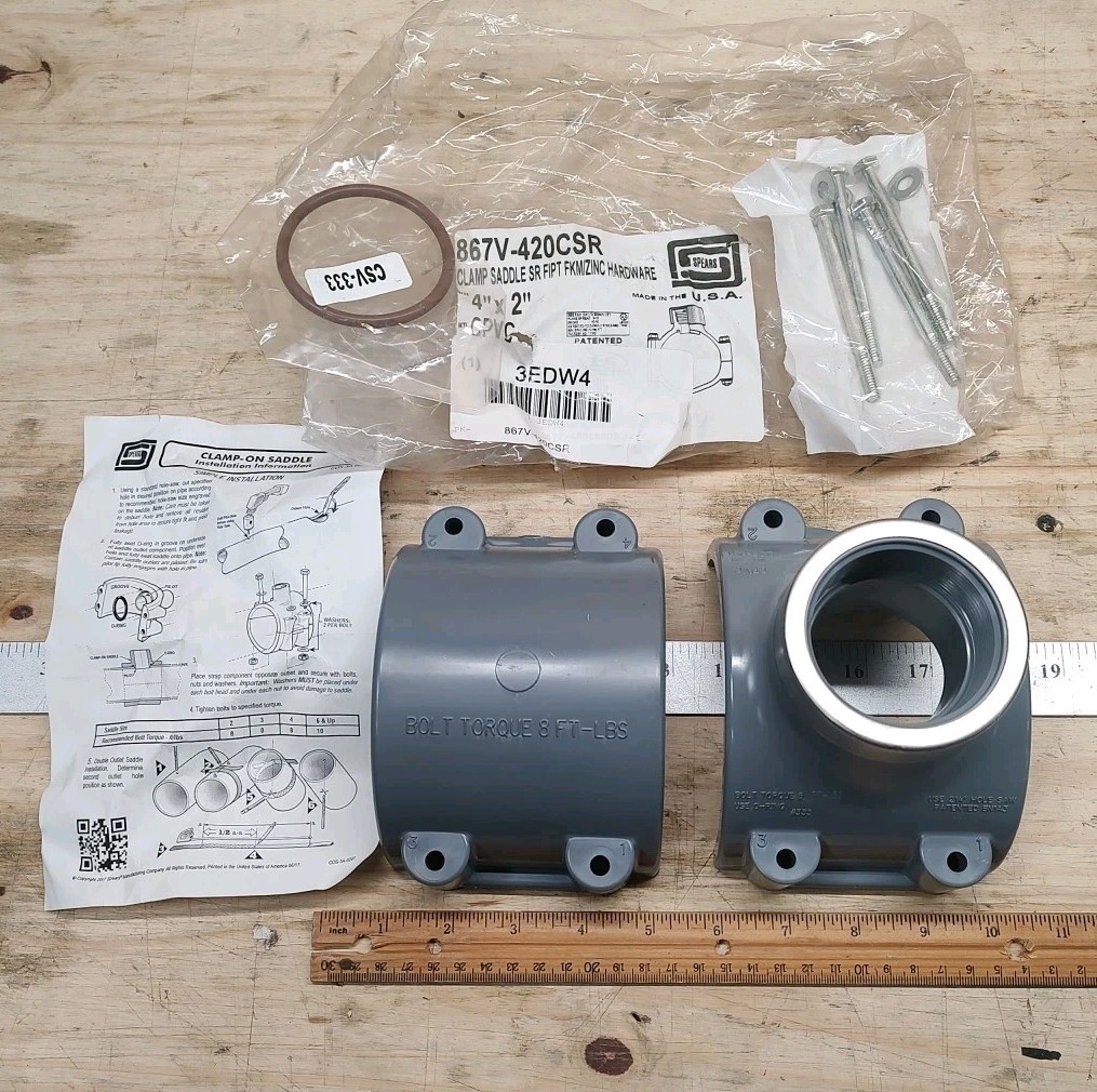 NEW Spears 867V-420CSR Clamp-on Pipe Saddle 4" Pipe X 2" NPT Outlet CPVC 3EDW4 