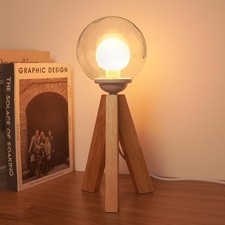 Wood Bedside Table Lamp Dimmable with Globe Glass Lampshade, Tripod Lamps for L