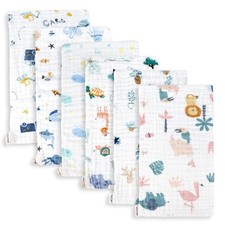 Maliton Muslin Burp Cloths 6 Pack Large 20x10 Zoo Pattern 6 Layer